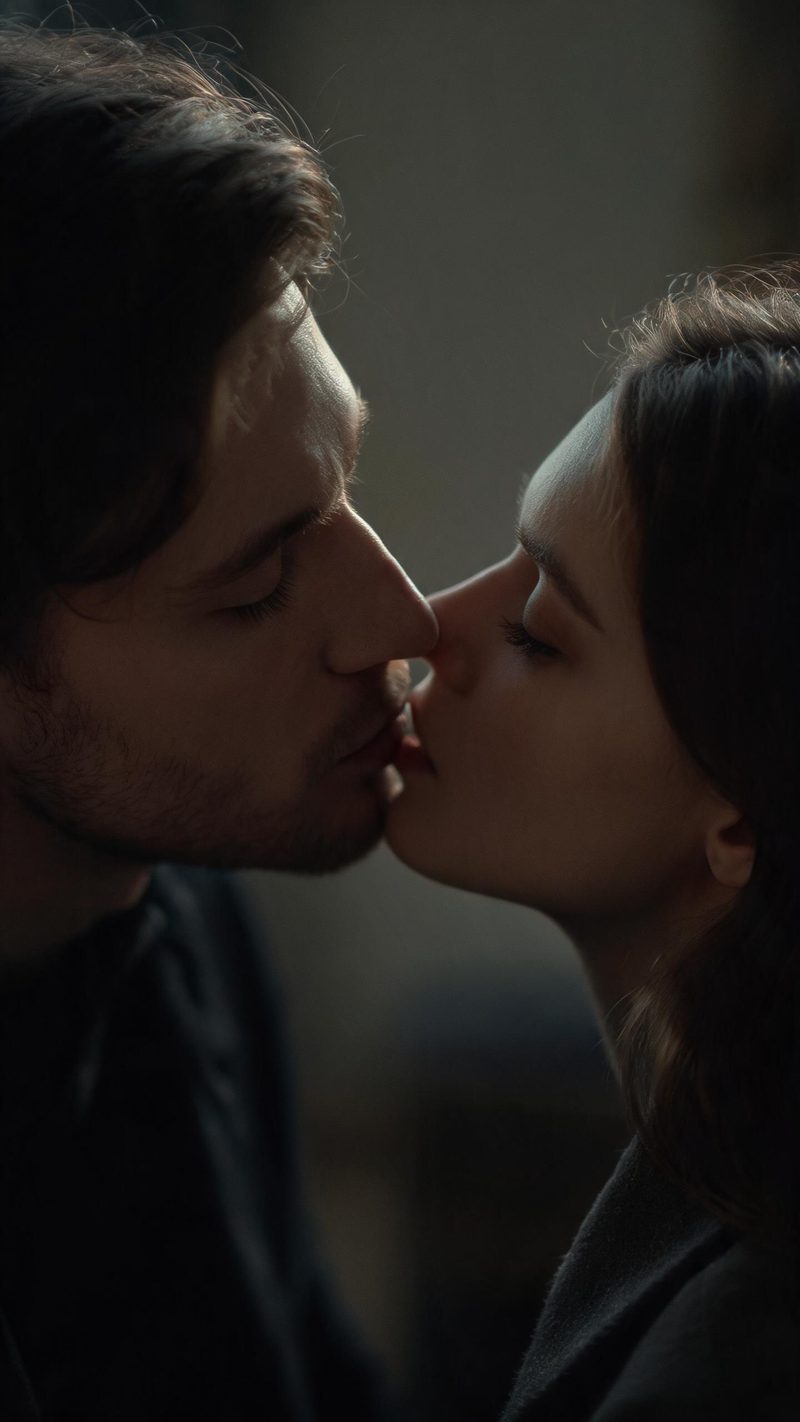 Cinematic low-key close-up of two people leaning toward a kiss, shallow depth of field, moody shadows