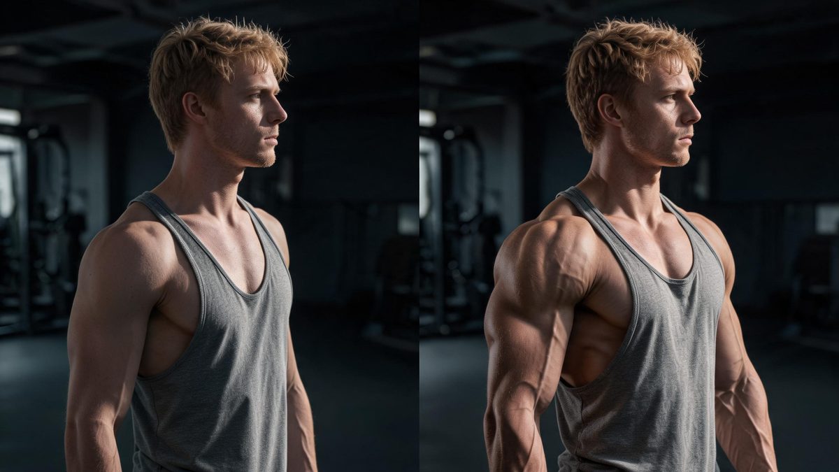 Cinematic side-by-side of an ordinary person becoming muscular in a moody gym, dramatic light, negative space
