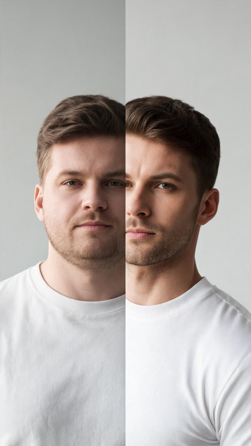 Subtle fitness transformation portrait of a man, natural daylight, plain background