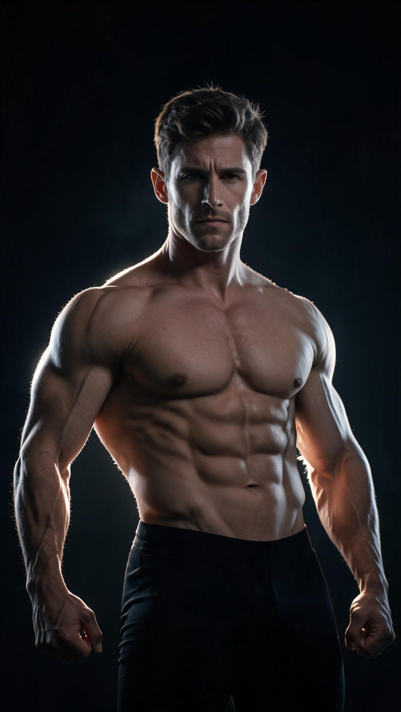 Superhero physique portrait of a muscular man with dramatic rim light, dark studio