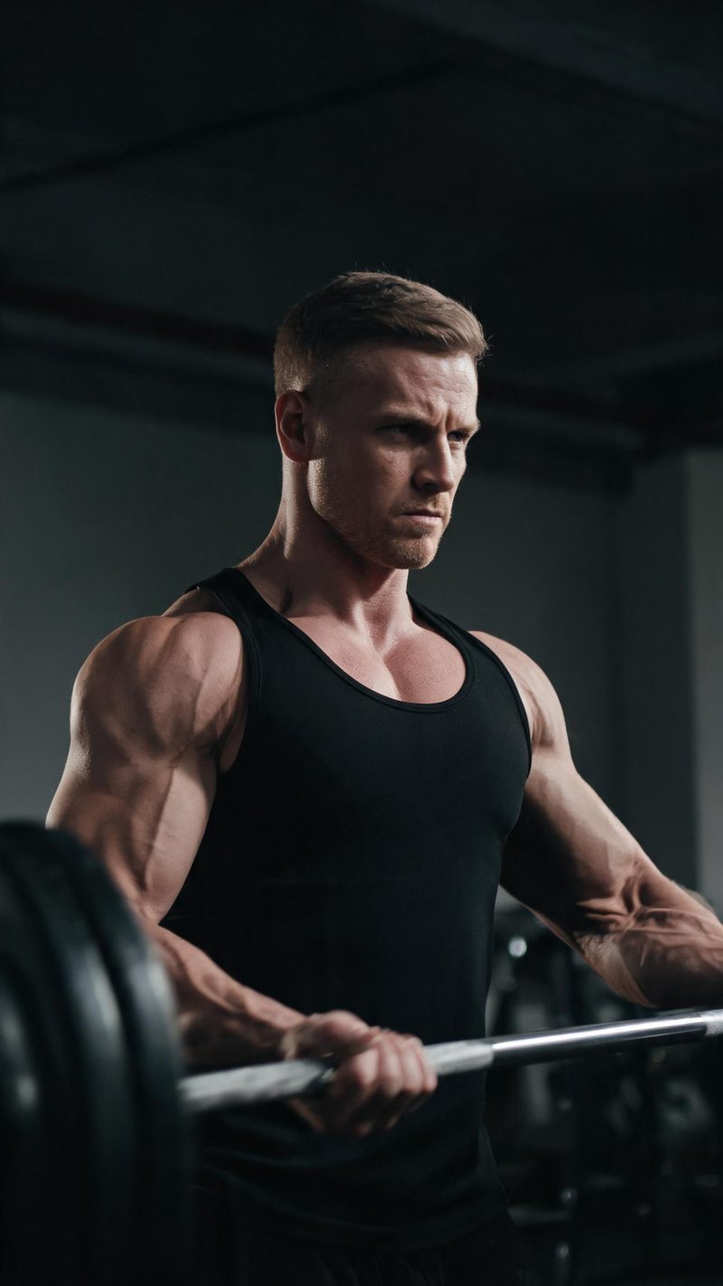 Muscular man mid lift in a moody gym, cinematic hard light, motion in the barbell