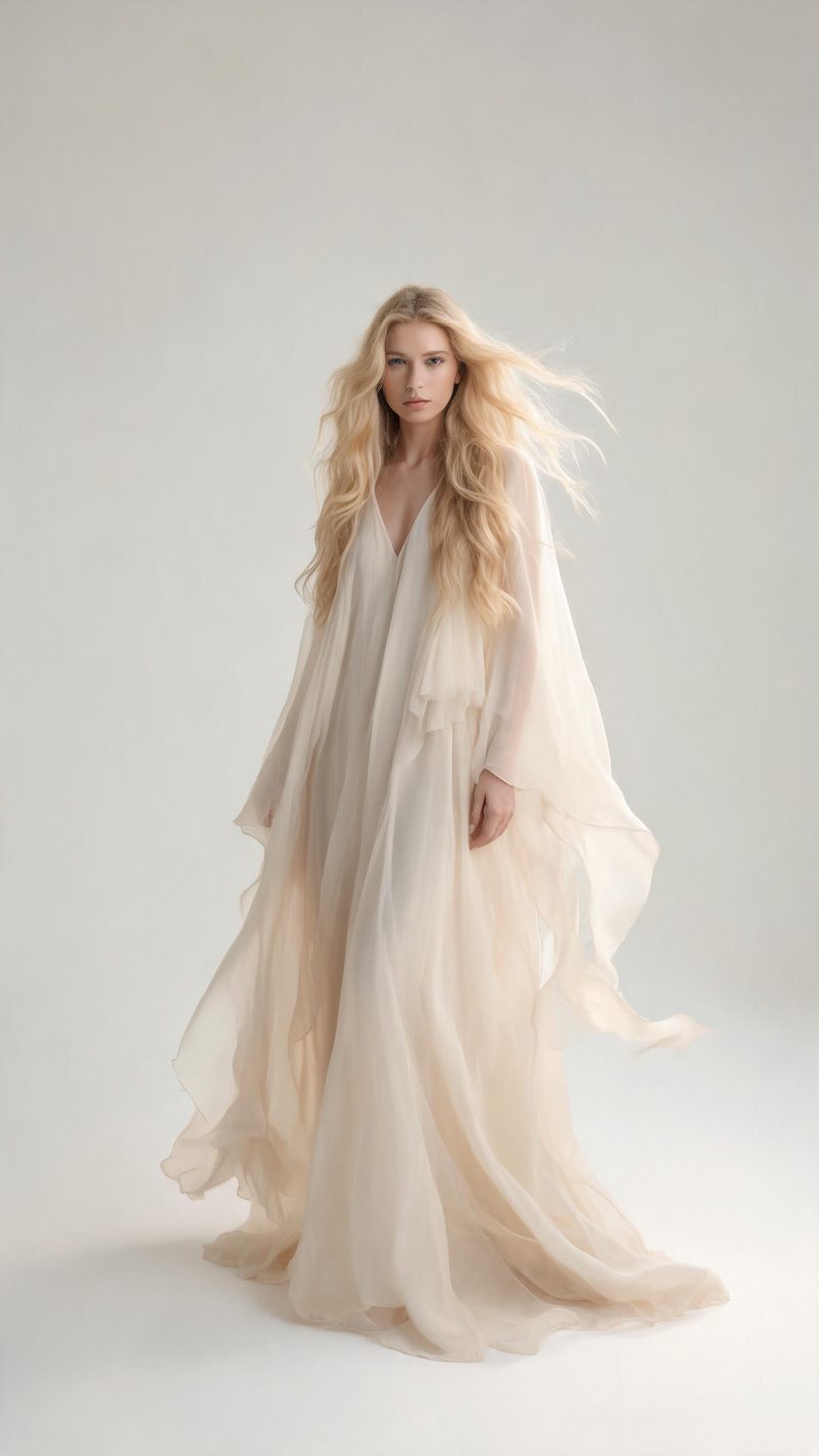 Virtual try-on apparel, a woman in a flowing dress, studio light, plain background