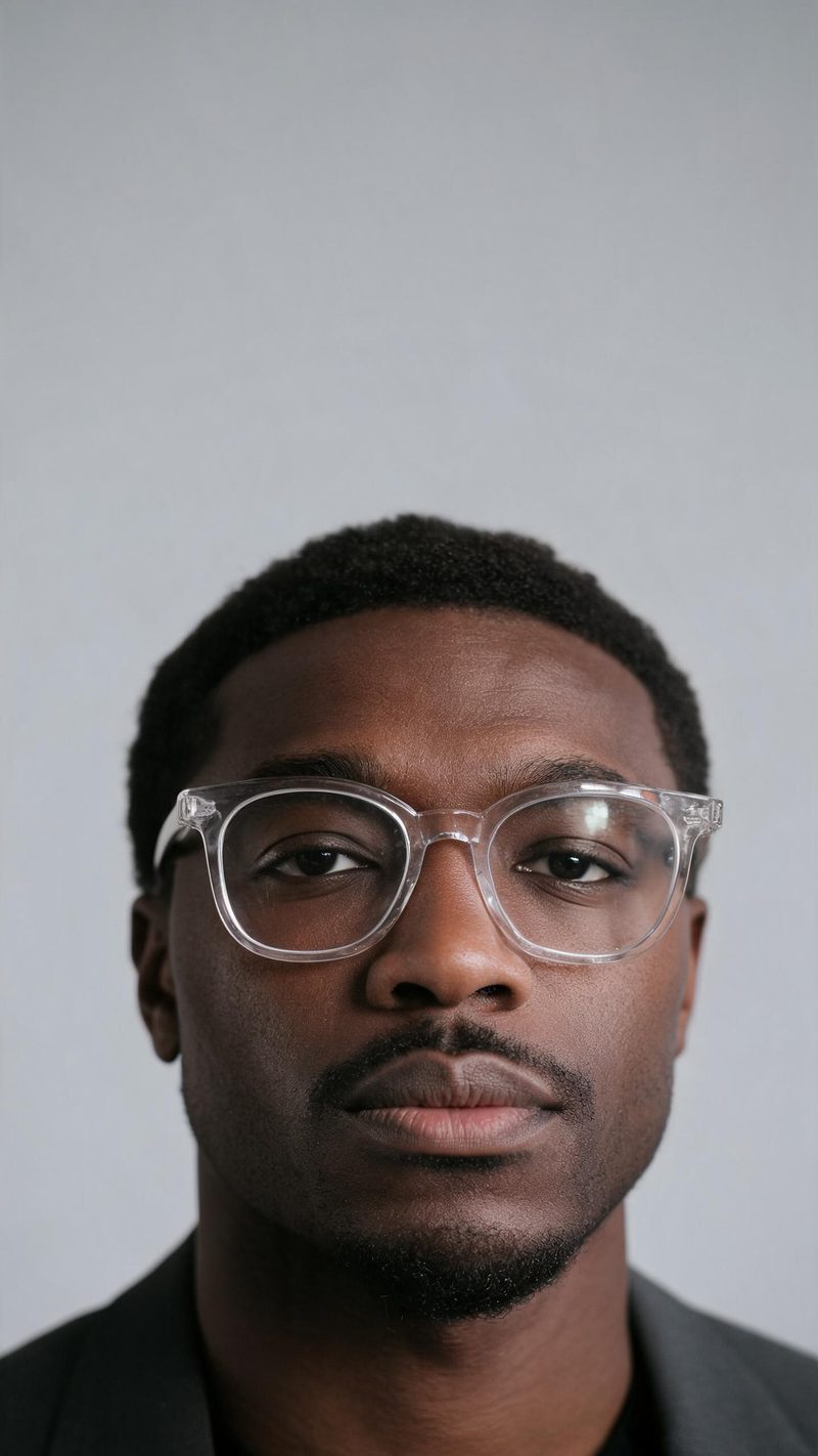 Virtual try-on eyewear, a man wearing clear glasses, studio light, neutral backdrop
