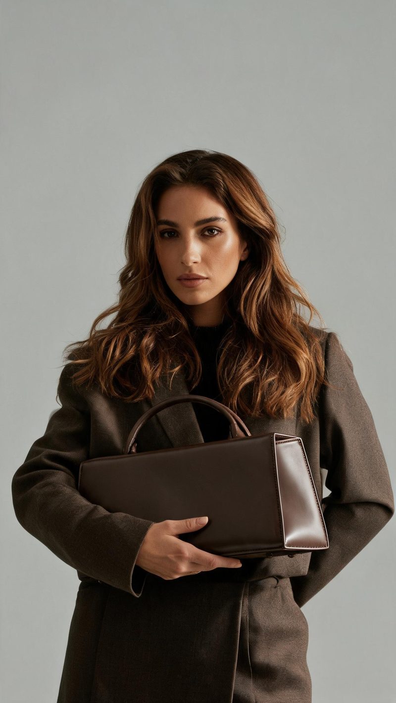 Virtual try-on accessories, a woman holding a structured handbag, studio light, minimal background