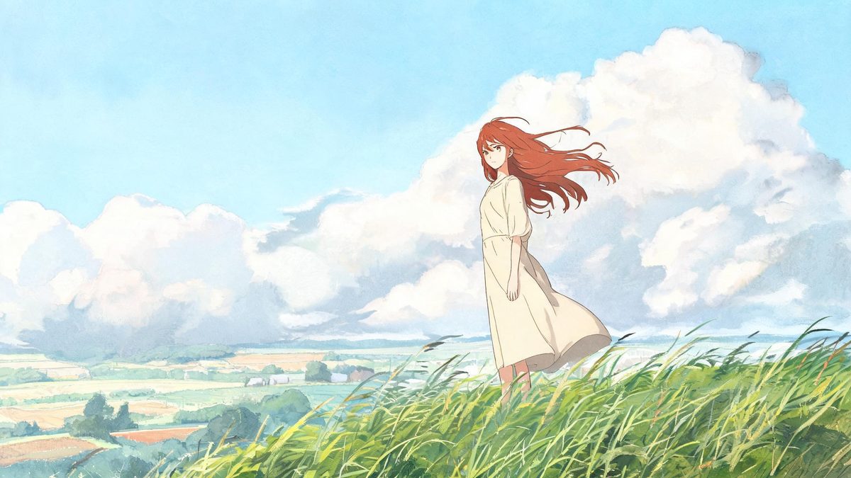 Anime cel still of a young woman with auburn hair on a windswept grassy hill beneath vast cumulus clouds