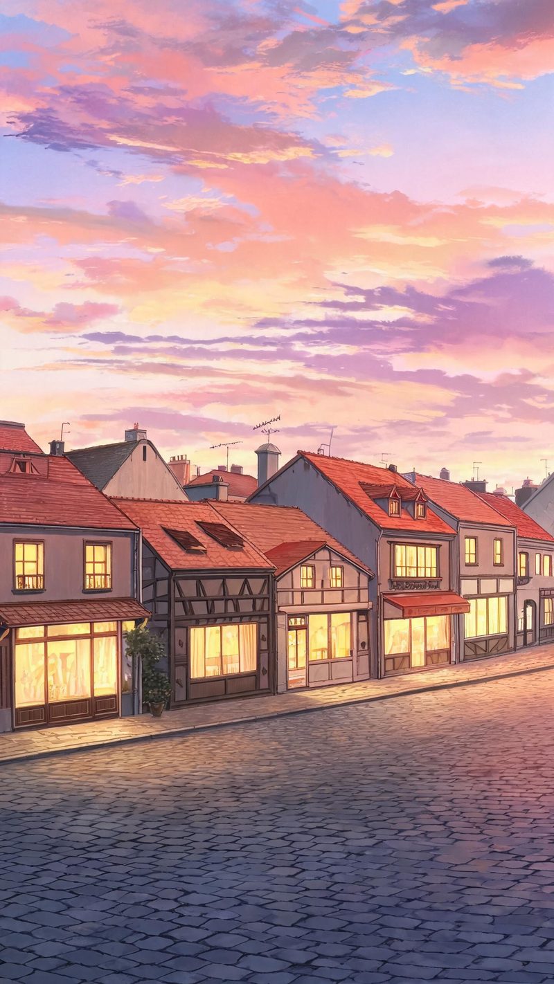 Anime cel still of a quiet European town street at dusk with warm glowing shop windows