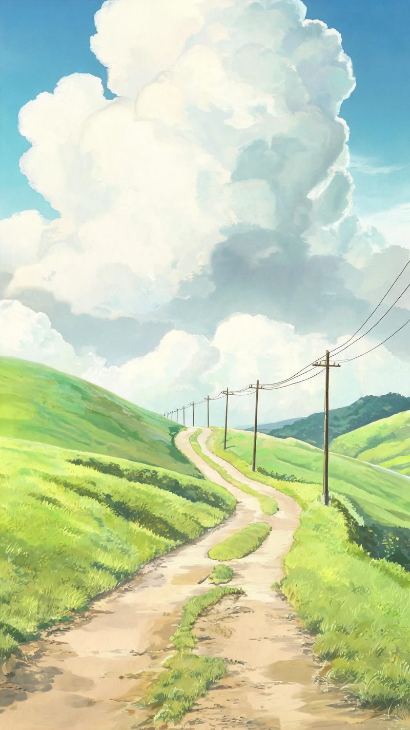 Anime cel landscape of a narrow country road winding between rolling green hills beneath towering summer clouds