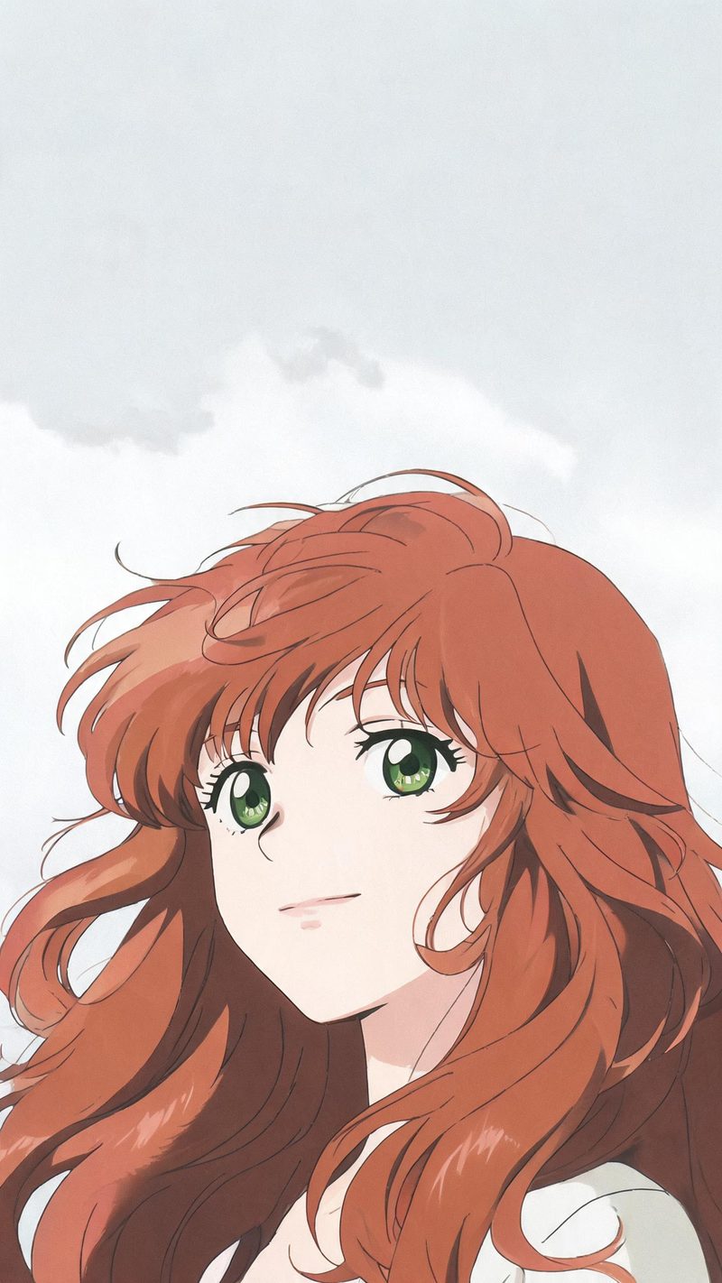 Anime cel portrait of a young woman with wavy auburn hair and green eyes against a pale sky