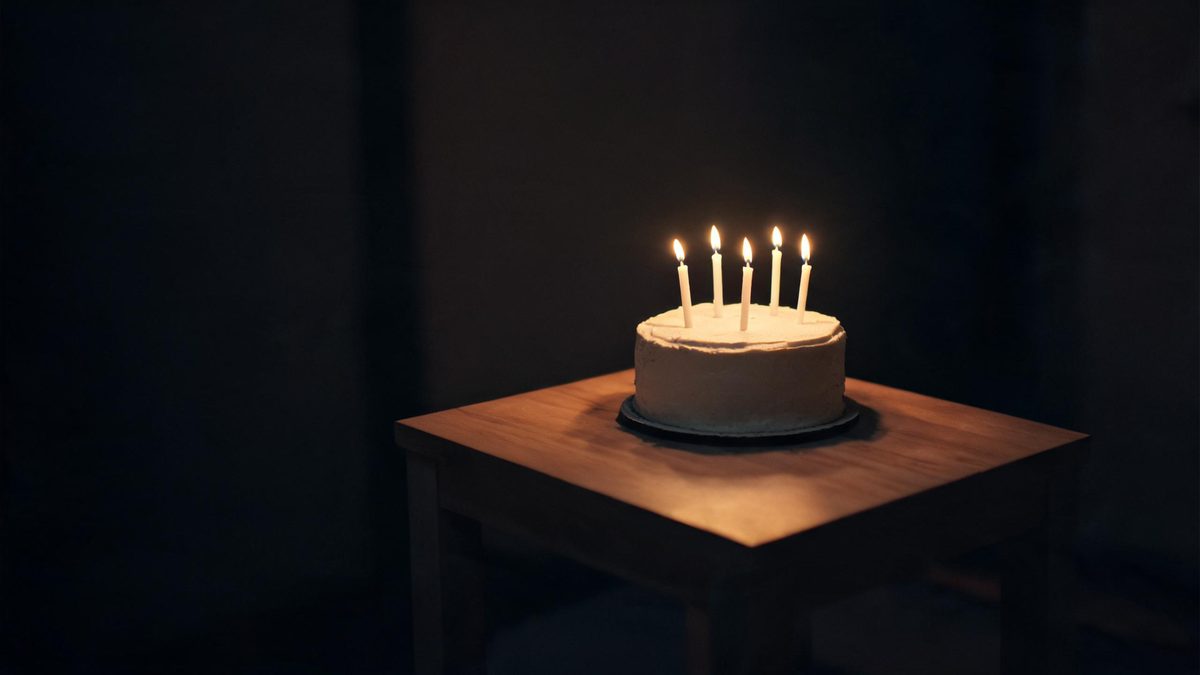 Birthday cake with lit candles on a bare wooden table in a dark room, warm flame glow