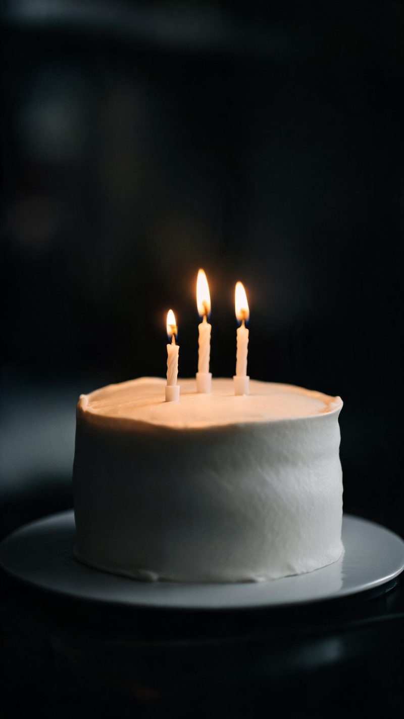 Close-up of a simple frosted cake with lit candles in warm candlelight