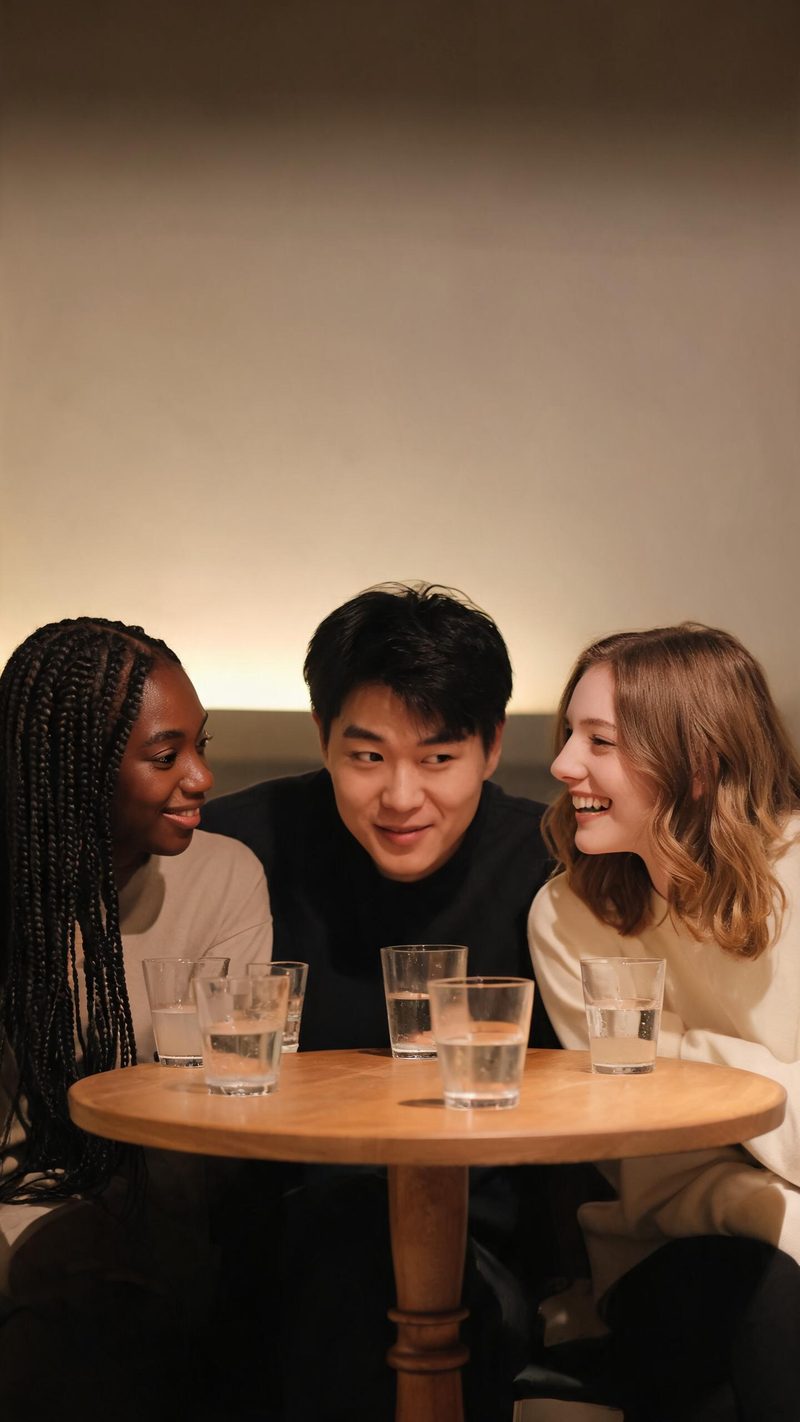 Small group of friends at a table in warm ambient light