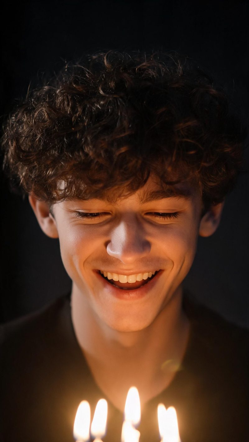 Portrait of a young man laughing just after blowing out candles, warm glow from below