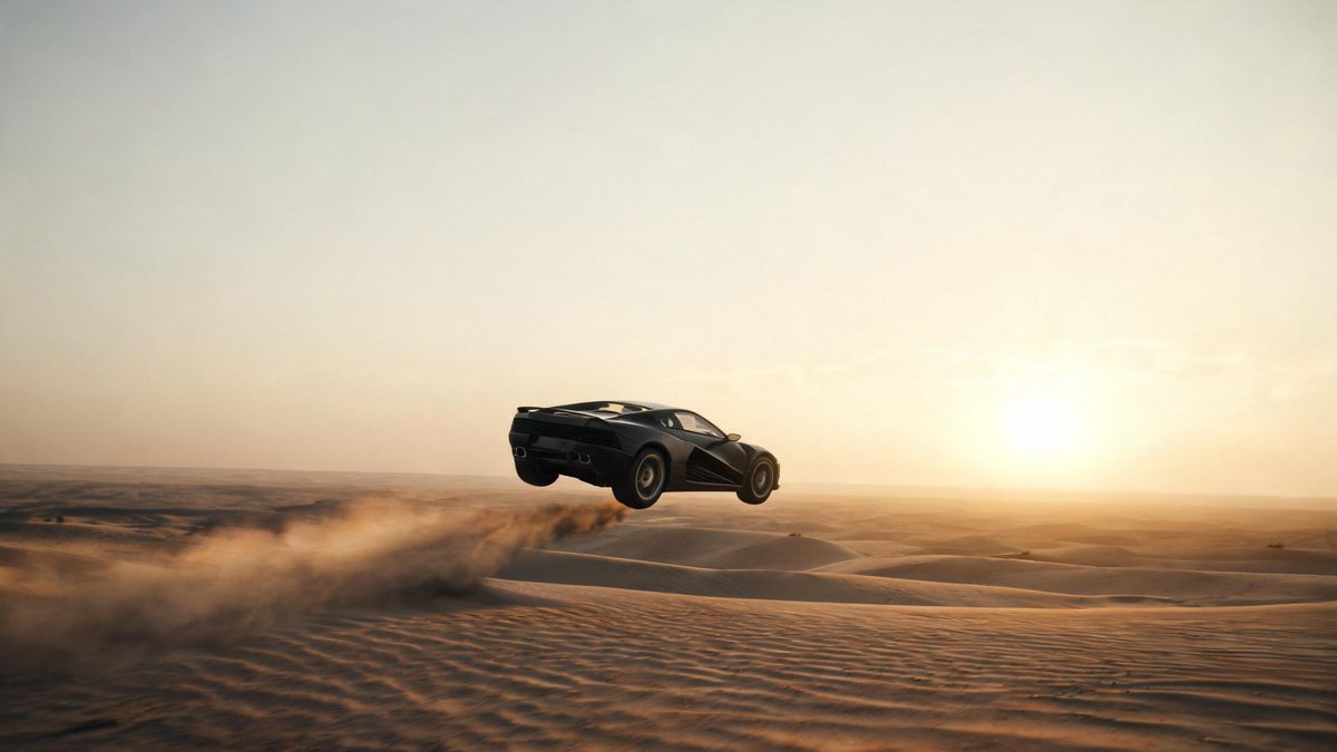 Sports car airborne over a crest at golden hour with dust trailing behind
