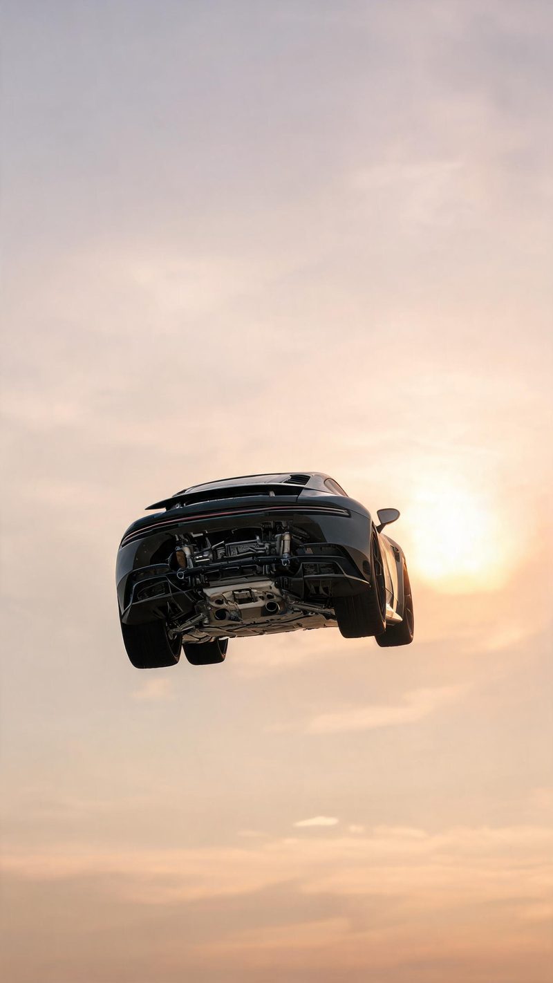 Car fully airborne against an open sky, underside visible in warm late sun