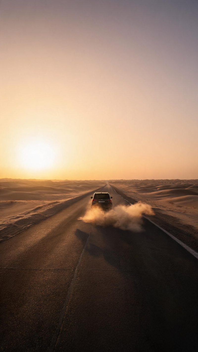 Car kicking up dust on an empty desert road with low warm sun and a long shadow