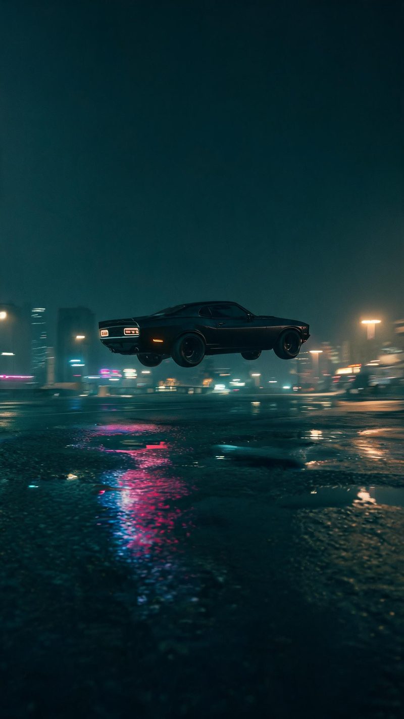 Car mid-jump on a wet city street at night with neon reflections on the asphalt