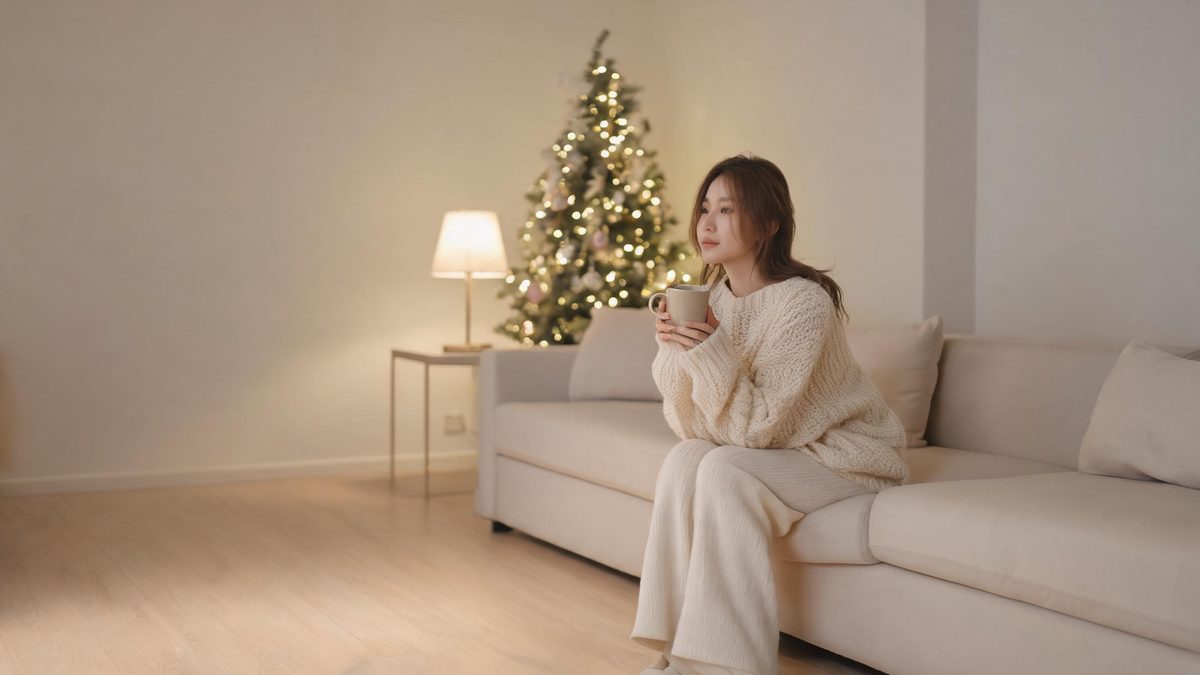 A cosy minimal living room with a softly decorated tree, warm bokeh lights and a woman in a knit sweater holding a mug