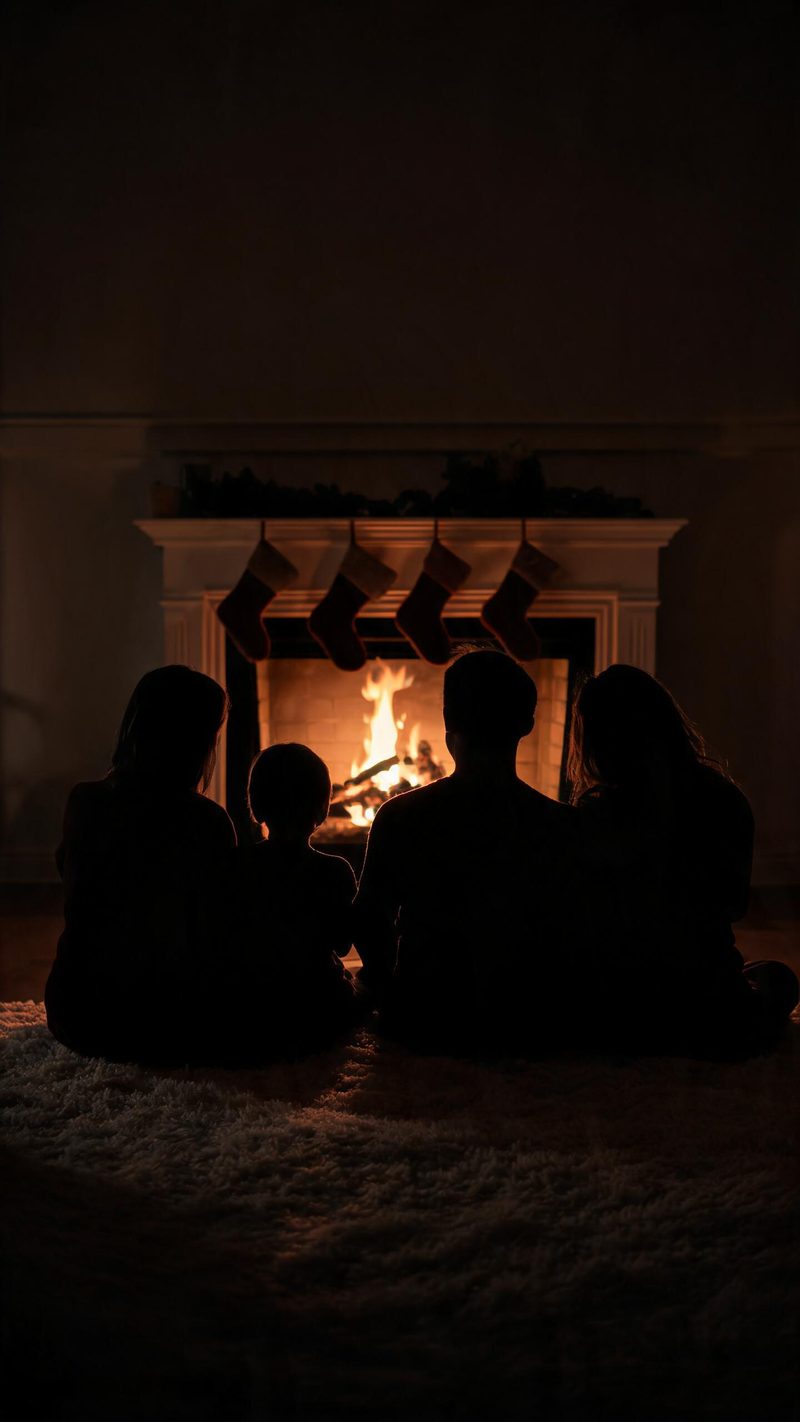 Family silhouettes gathered in front of a fireplace with stockings, warm firelight, faces not visible