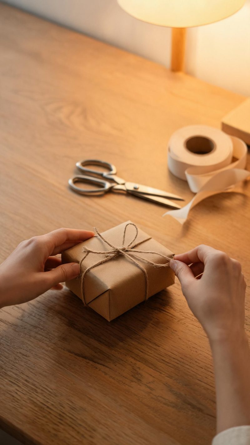 Hands wrapping a gift in kraft paper and twine on a wooden table in warm lamp light