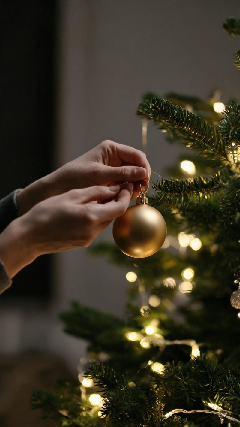 A person hanging an ornament on a Christmas tree with warm string lights glowing behind