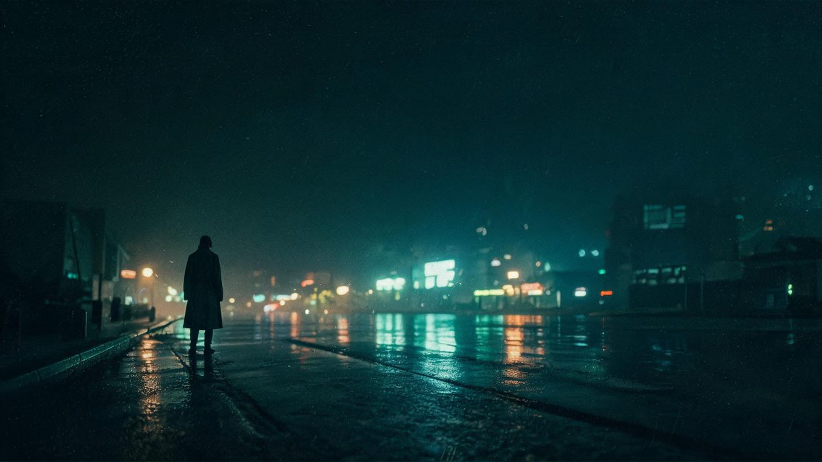 Anamorphic still of a lone figure in a long coat on a rain-soaked city street at night with teal and amber reflections