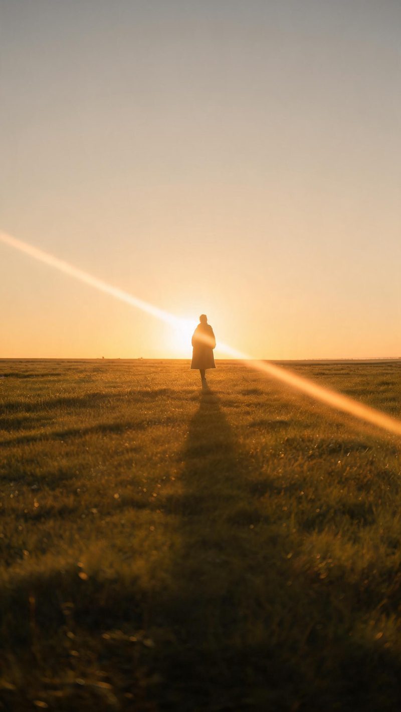 Golden hour cinematic still of a figure walking across a vast open field with strong backlight and long shadows