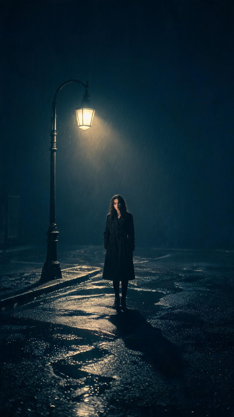 Neo-noir still of a woman under a streetlamp in the rain with hard geometric shadows and a desaturated blue grade