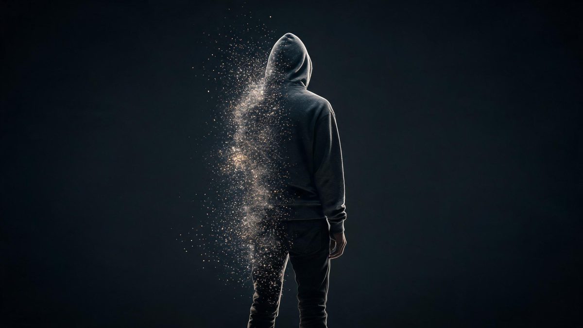 A figure seen from behind dissolving into fine particles of dust and light against a dark backdrop