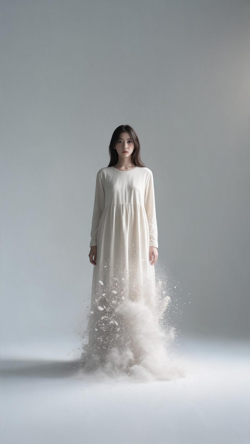 A woman in a plain long dress dissolving into a rising cloud of particles in an empty grey studio