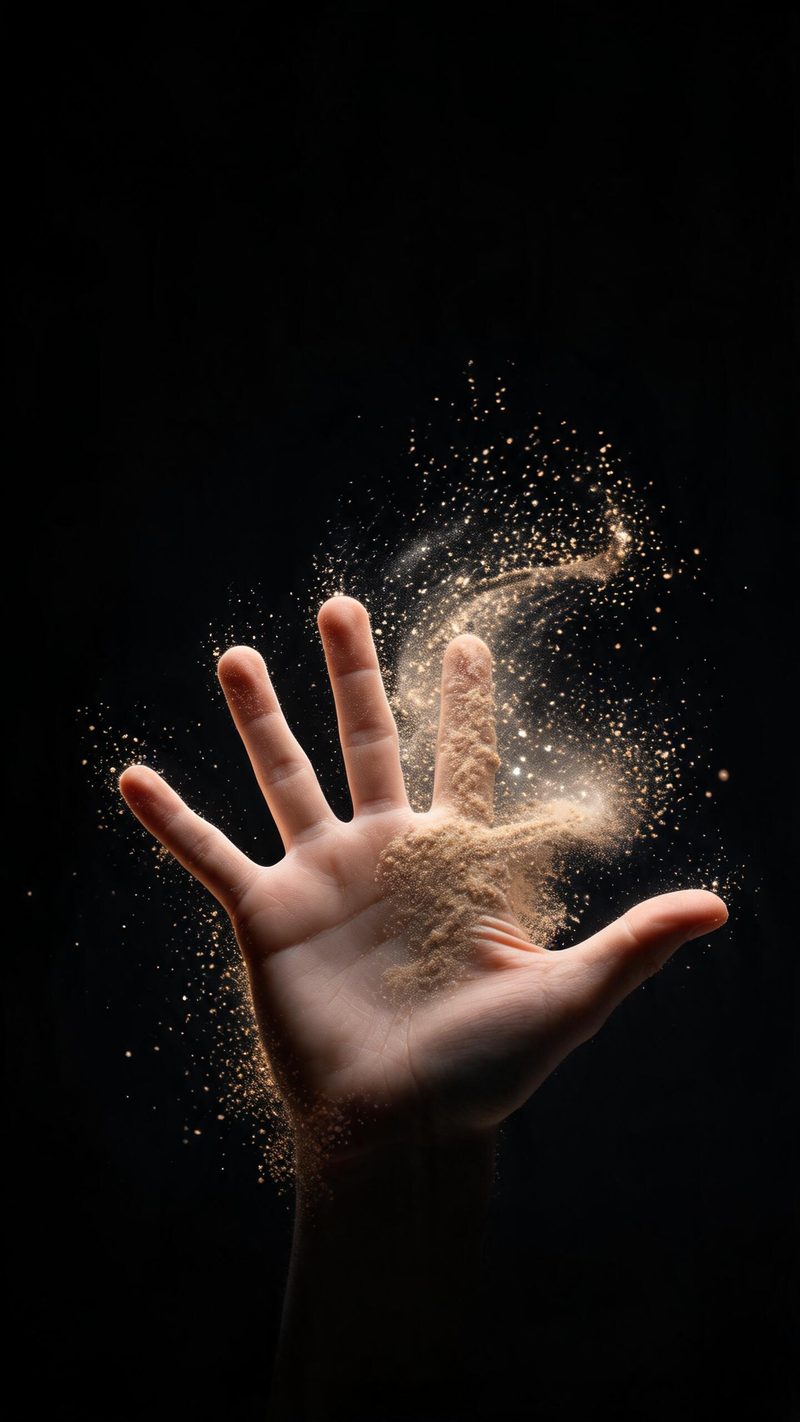 An outstretched hand disintegrating at the fingertips into swirling particles of sand and light