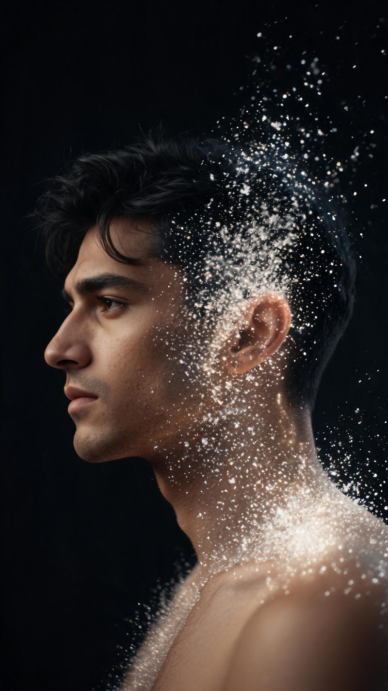 Portrait of a man with light brown skin, half of his face and shoulder breaking into luminous particles