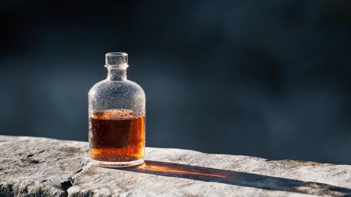 Glass bottle of amber liquid on a bare stone ledge with strong side light and condensation