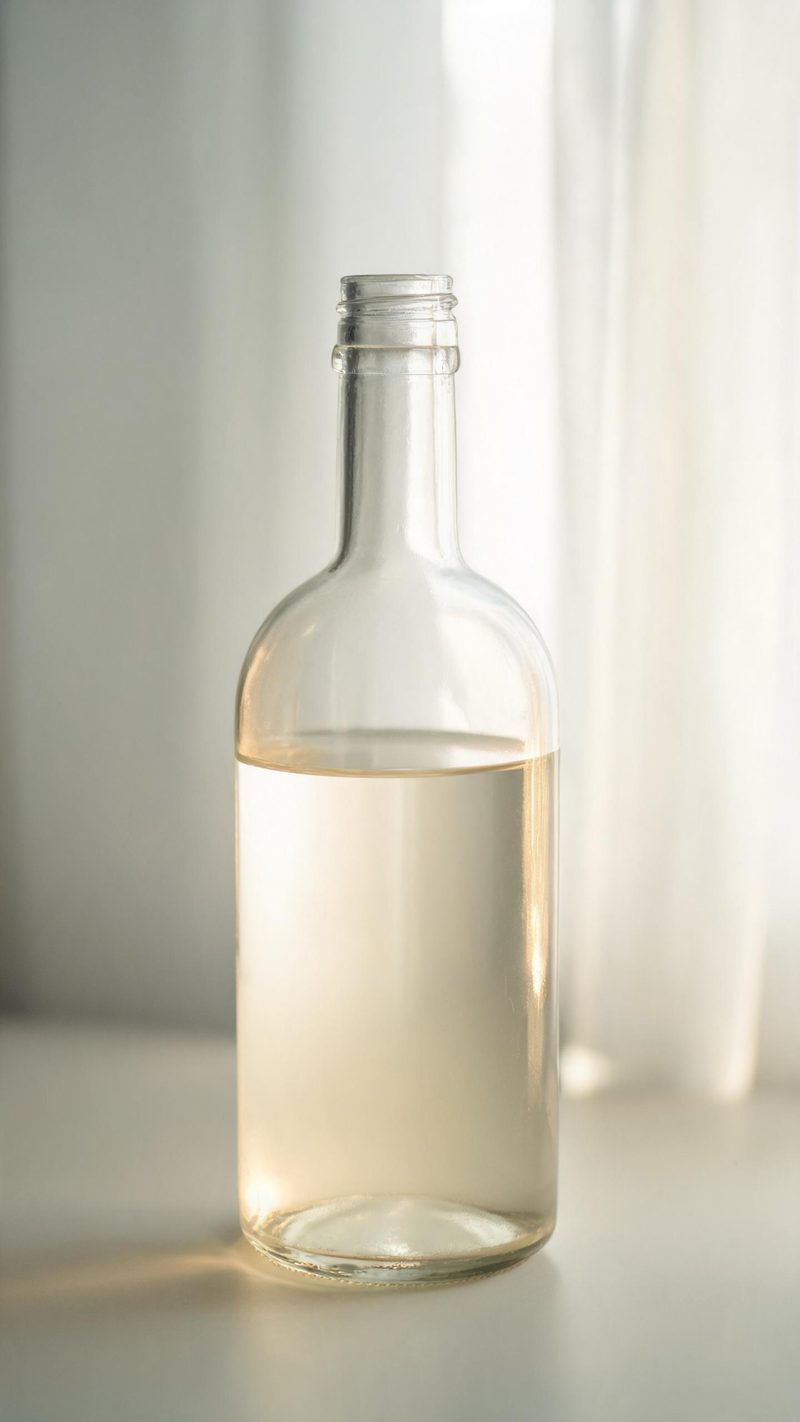 Tall glass bottle backlit by a soft window with the liquid glowing