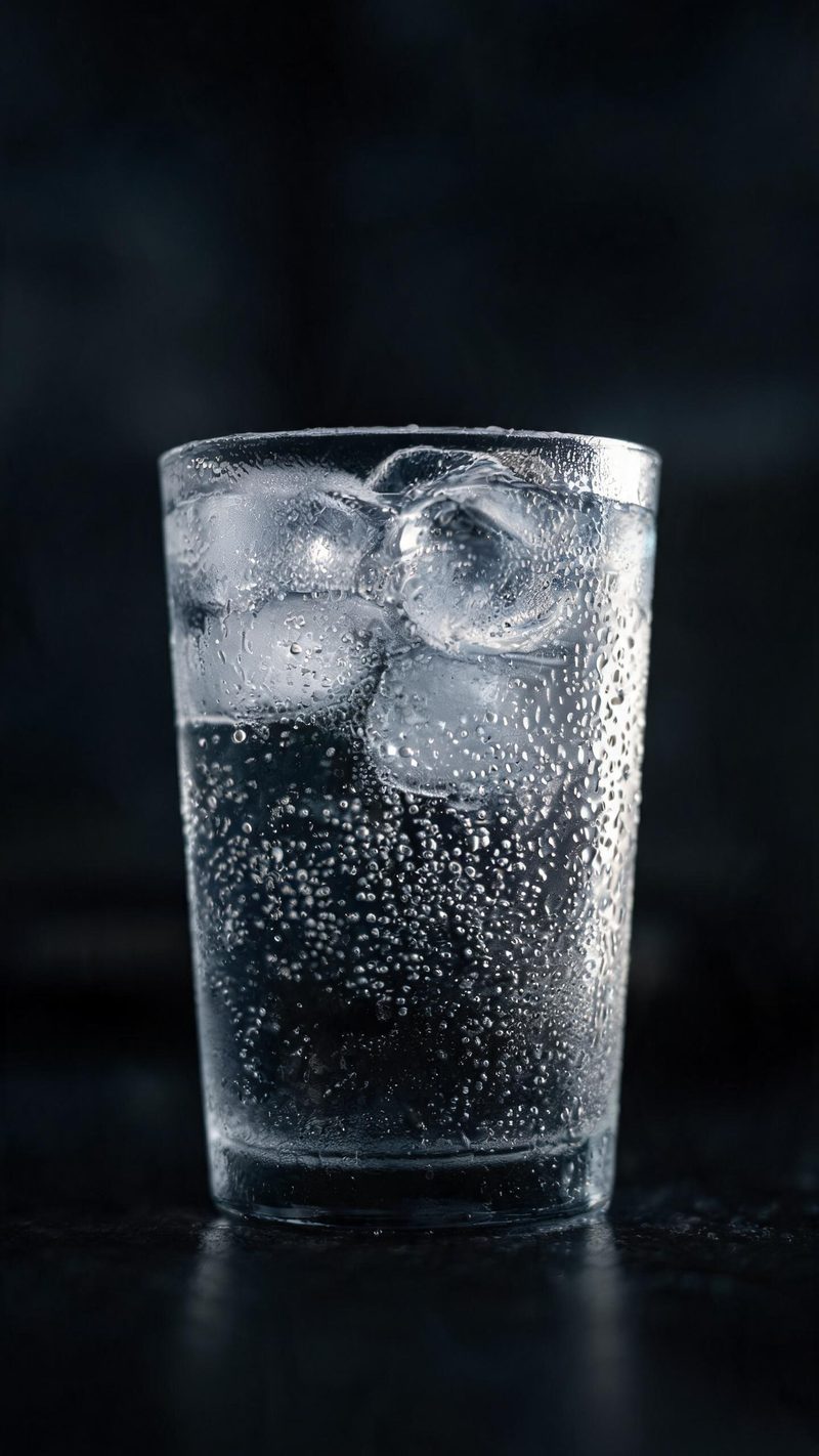 Tall glass with ice and a clear carbonated drink, condensation on the surface