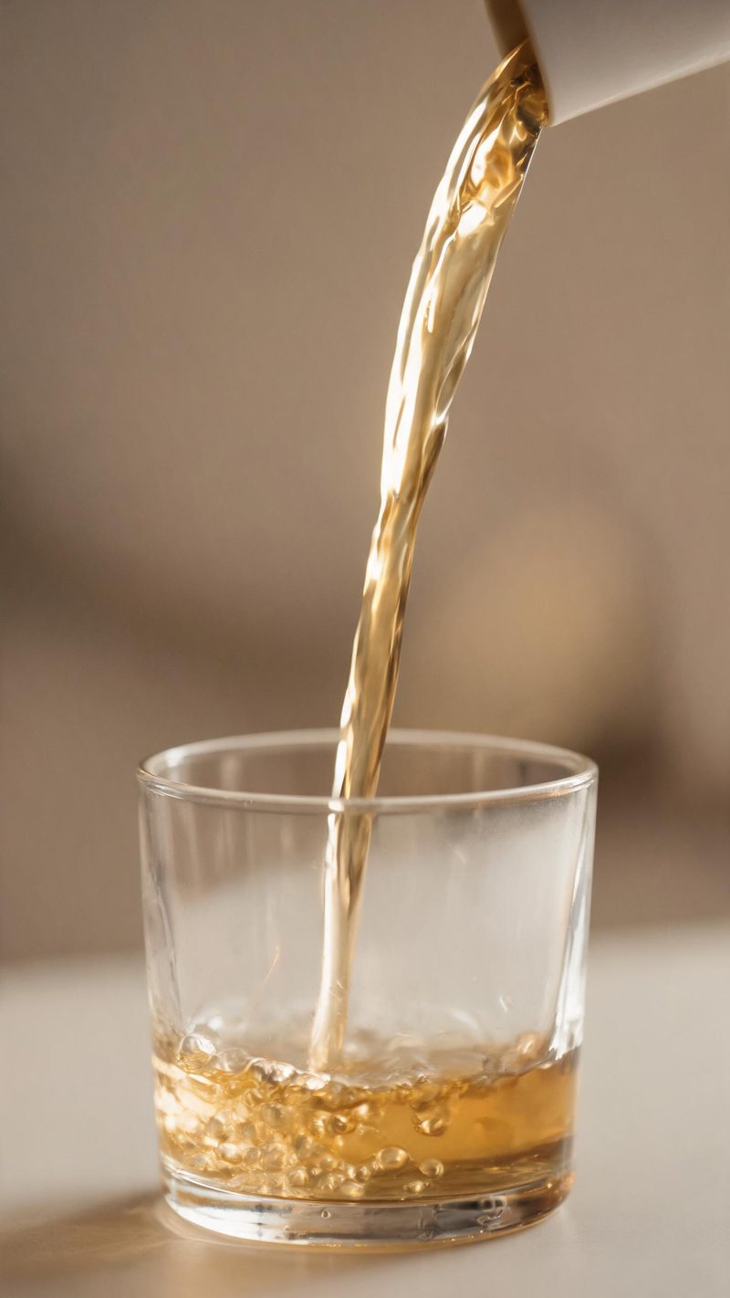 Liquid pouring into a glass mid-pour in a clean arc with warm backlight