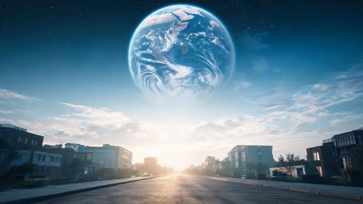 Cinematic earth zoom from space to a city street at golden hour, atmospheric haze, negative space