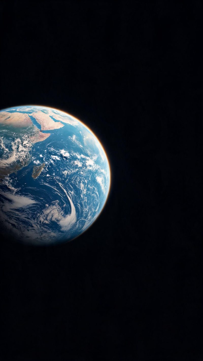View of Earth from orbit, blue marble lit by the sun, dark space around