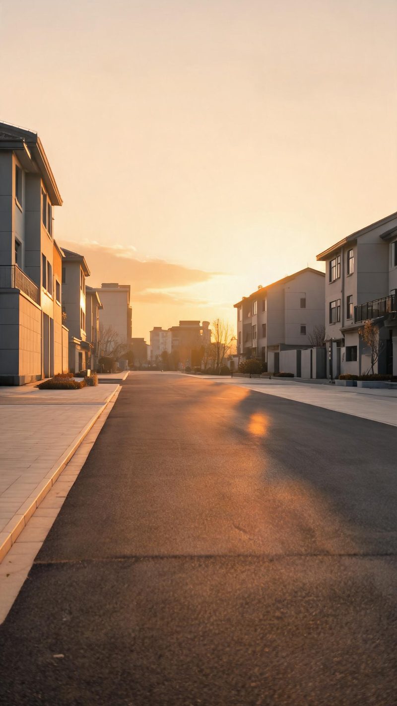 Street level landing at golden hour, empty city pavement and low buildings, warm light