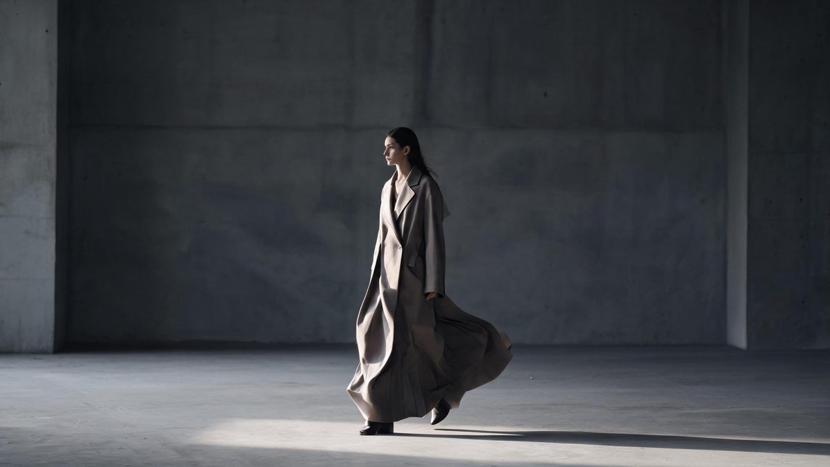 Model walking through a bare concrete space in a long coat caught by strong side light