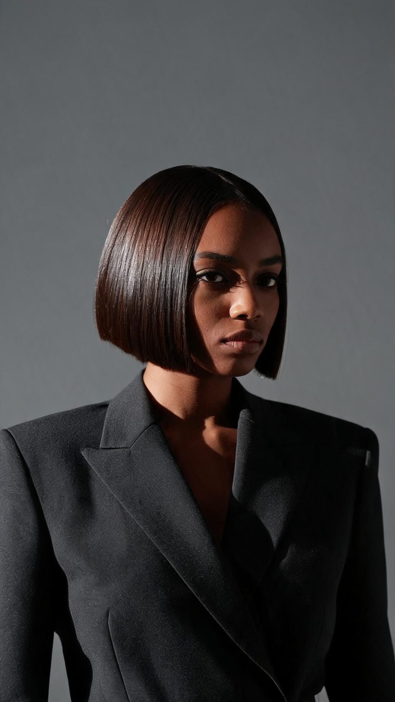 Fashion editorial portrait with structured blazer, hard studio key light and muted grey backdrop