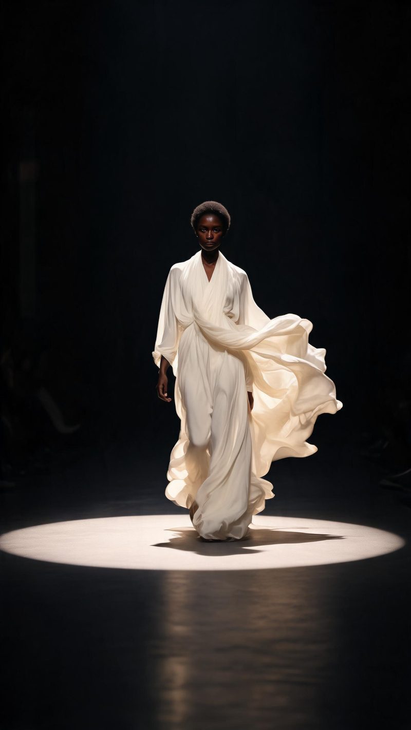 Runway still of a model mid-stride in a flowing monochrome garment under a spotlight