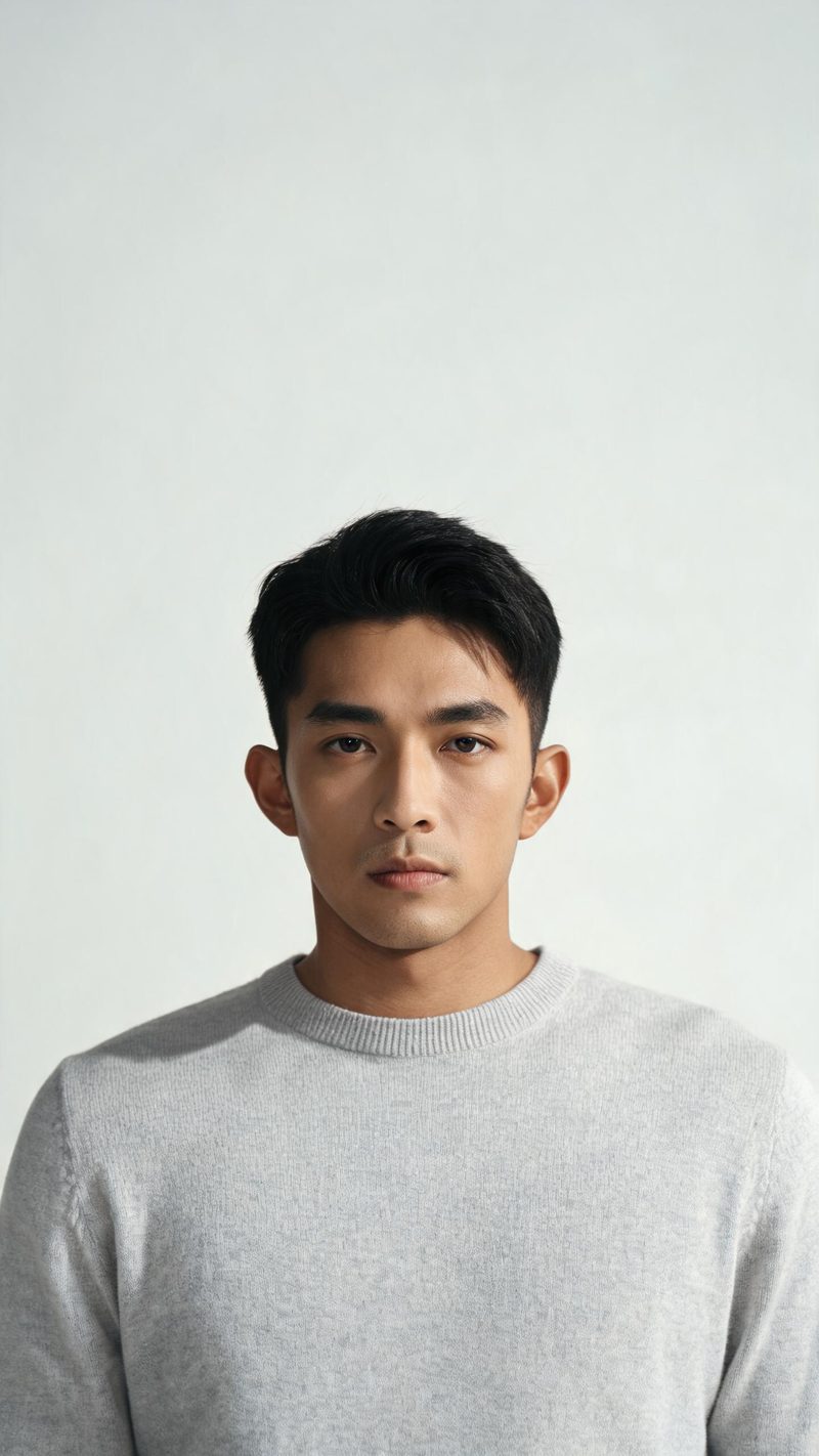 Studio fashion portrait of a man in minimal knitwear with soft butterfly lighting