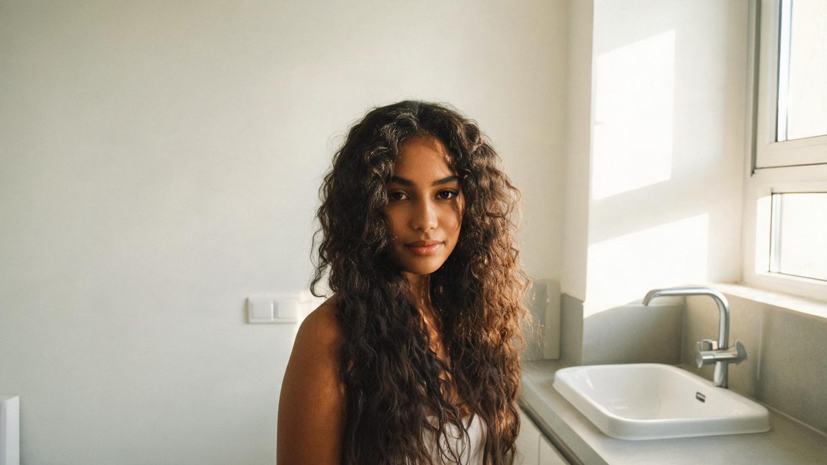 Bright bathroom portrait of a woman with warm brown skin and curly hair, lit by soft morning window light