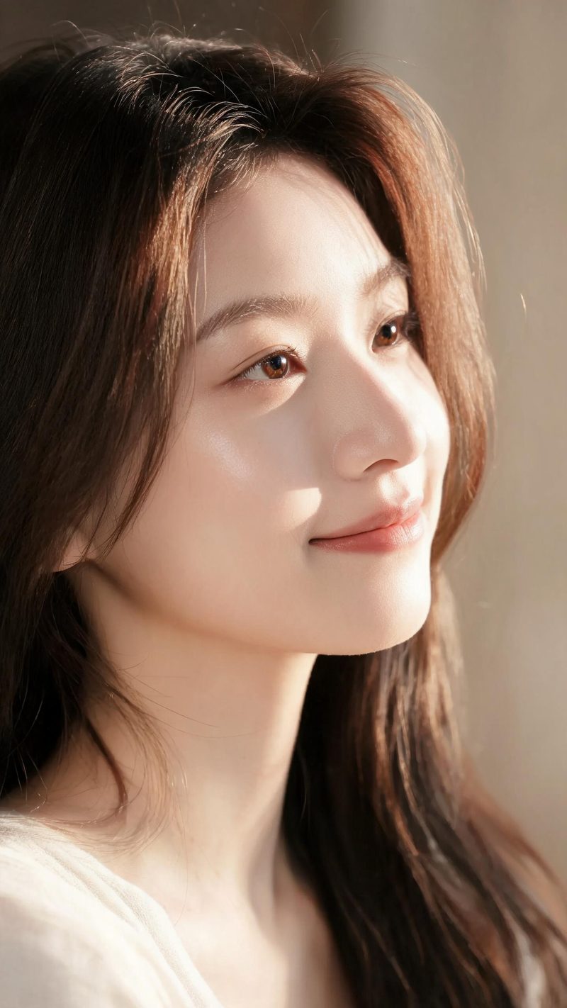 The same portrait transformed with clear glowing skin, warm directional light and a subtle confident smile