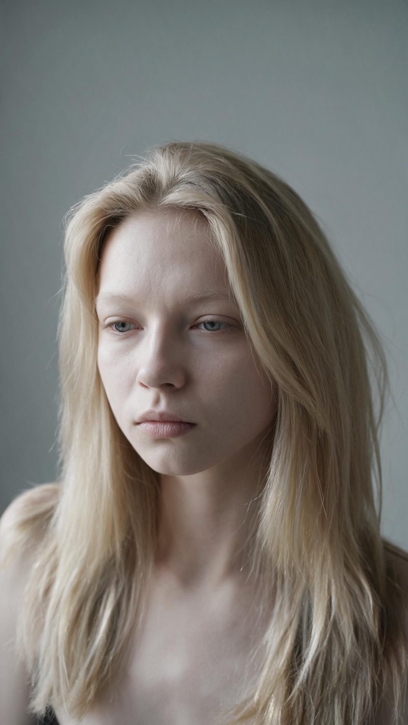 Unretouched portrait of a woman with fair skin and straight blonde hair in flat overcast light against a plain grey wall