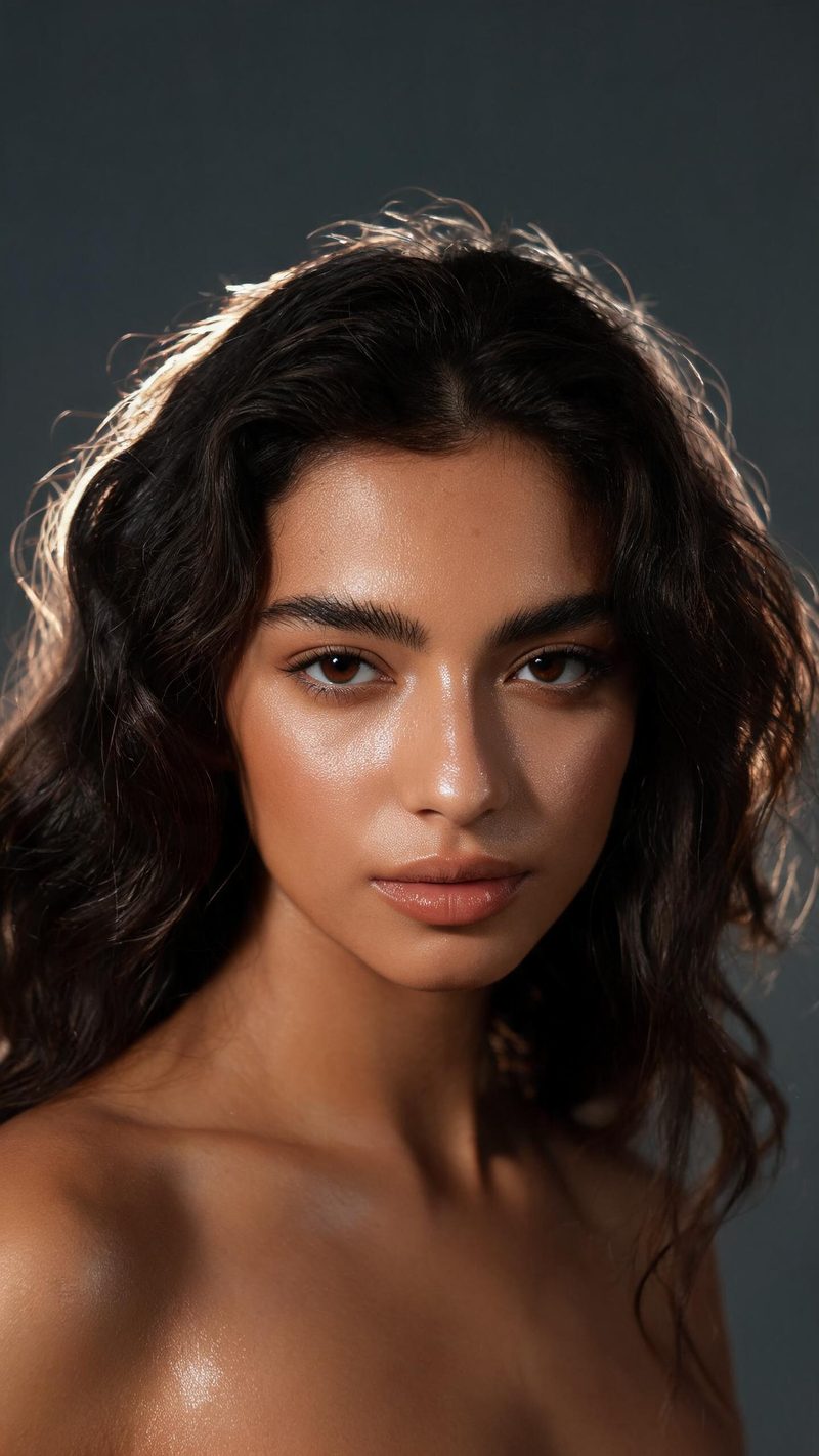 Close-up beauty portrait of a woman with olive skin and dark wavy hair lit by soft rim light on a muted grey background