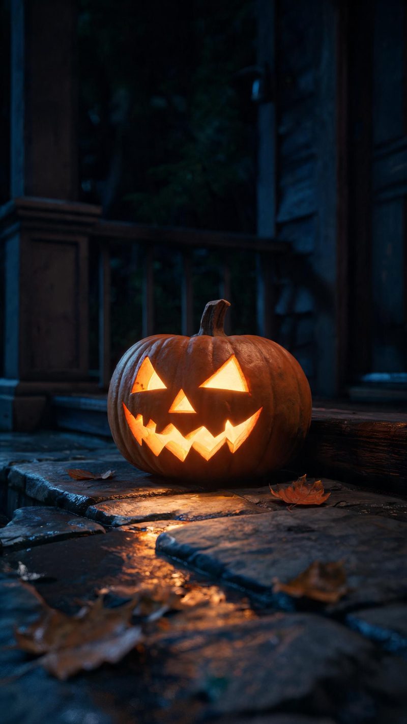 A carved pumpkin lantern glowing on a wooden porch at night with warm light spilling across wet stone