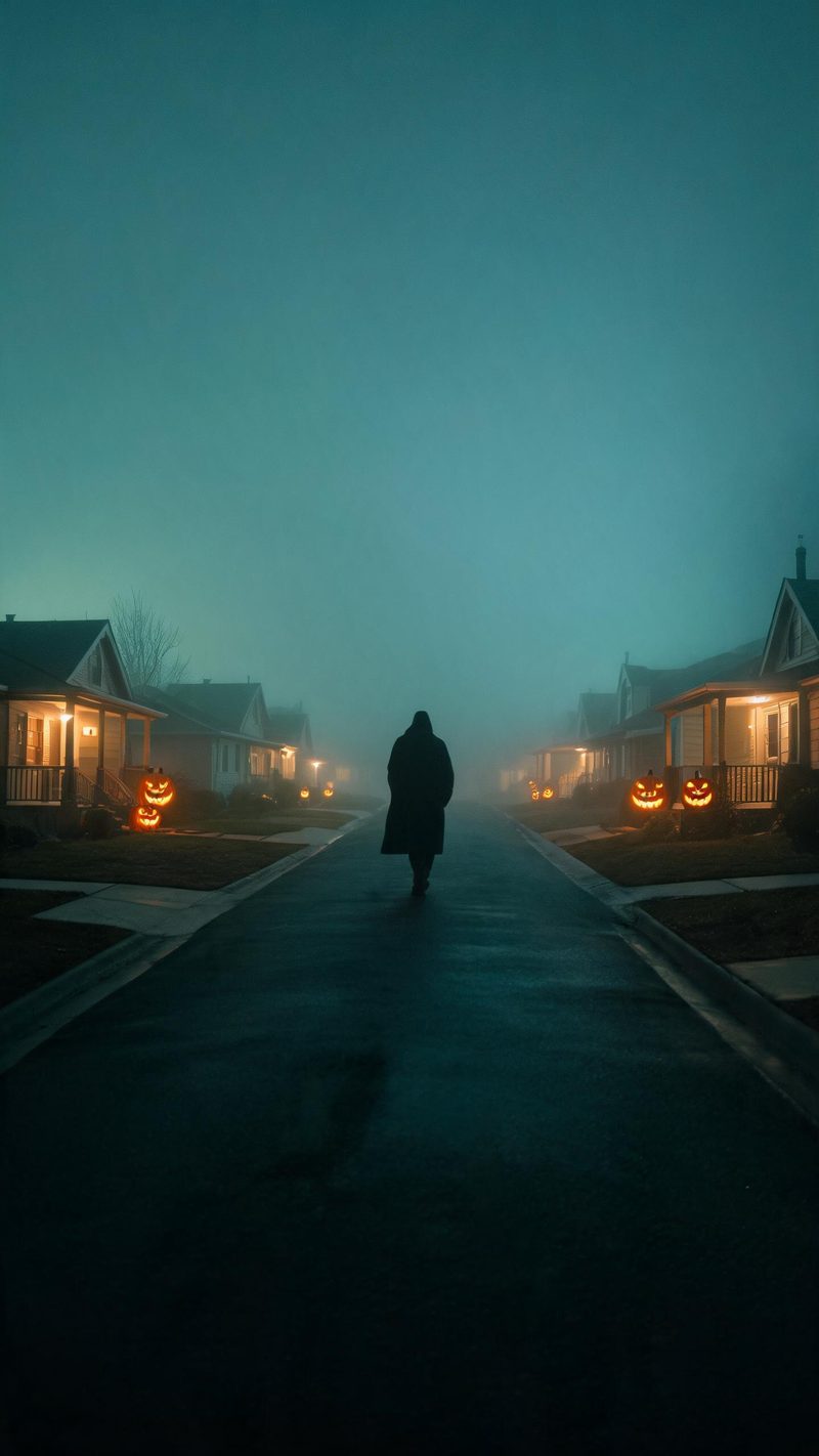 A foggy residential street at night with warm porch lights and a costumed figure in a long coat walking away
