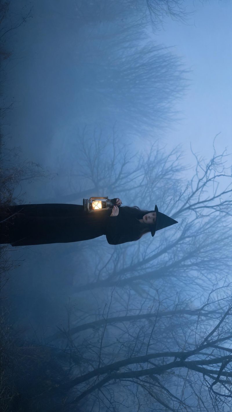 A woman in a plain black dress and pointed hat holding a lantern in fog at dusk among bare trees