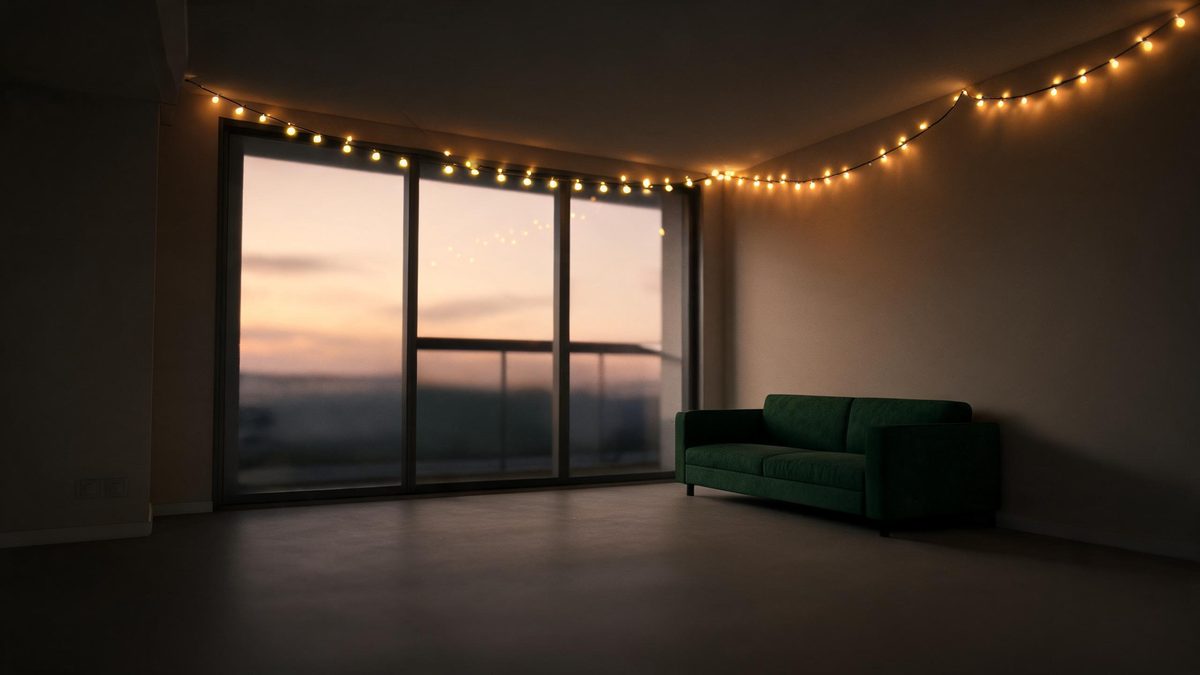 Minimal interior at dusk lit only by warm string lights with soft bokeh glow